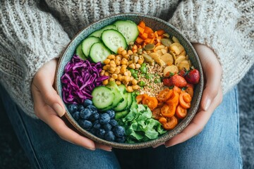 Healthy eating. Plate with vegan or vegetarian food in woman hands. Healthy plant based diet. Healthy dinner. Buddha bowl with fresh vegetables - generative ai