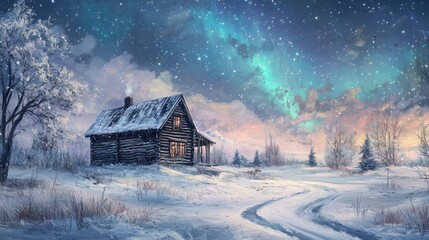 Canvas Print - A painting of a snowy scene with an old cabin in the foreground, AI