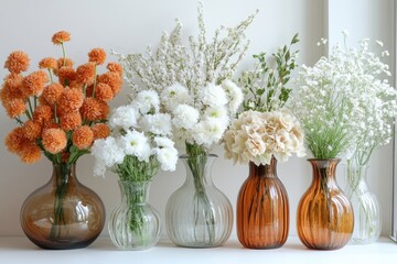 Canvas Print - Chic Floral Display: Elegant Varied Vases with White Flowers, Green Leaves, and Spiky Blooms