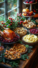 traditional thanksgiving dinner, food photo of bowls filled with thanks giving meal with roast turkey and other foods on a wooden table 