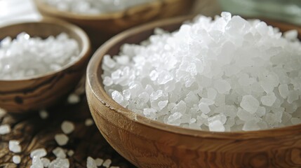 A close-up of coarse sea salt crystals in a wooden bowl, highlighting their natural texture and purity.