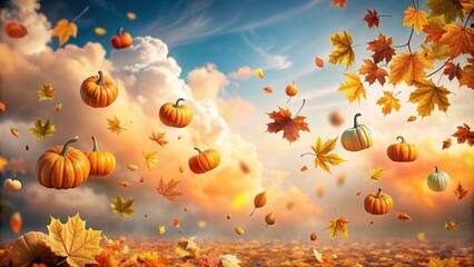 Autumn leaves and pumpkins floating in a dreamy sky , fall, autumn, seasonal, foliage, pumpkins, leaves, orange, sky