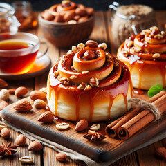 Sticker - Cinnamon rolls topped with caramel and nuts on a rustic table. Tea in background