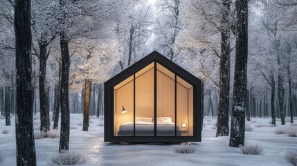 Wall Mural - A small cabin in the woods with a bed inside, AI