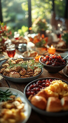 traditional thanksgiving dinner, food photo of bowls filled with thanks giving meal with roast turkey and other foods on a wooden table 