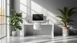 © kinara art design - A modern workspace featuring a desk, computer, and plants in a bright, minimalist setting.