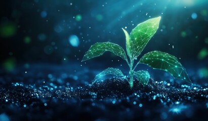 Wall Mural - a small plant growing on the soil with data visualization lines and small particles floating around 