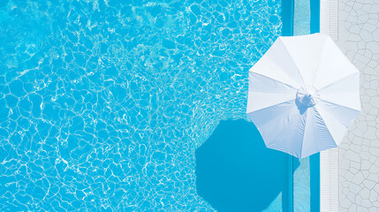 White parasol standing near refreshing blue swimming pool on sunny day