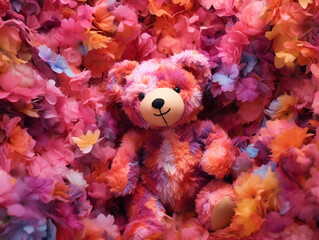 Wall Mural - Tie-Dye Teddy Bear in pink flowers