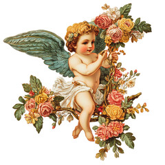 Poster - PNG Cherub surrounded by colorful flowers in spring