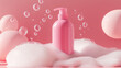 © AMA STUDIO - Pink pump dispenser bottle surrounded by bubbles floating on a cloud of foam