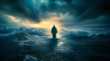 luminous silhouette of jesus walking on water ripples of light spreading across stormy sea