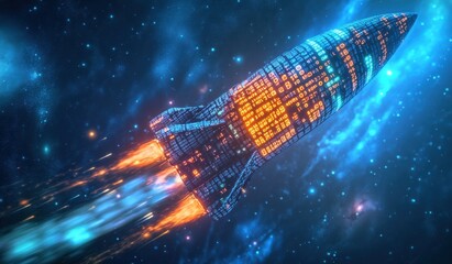 Wall Mural - a rocket made of digital code with data visualization lines is flying through a vast space network, 