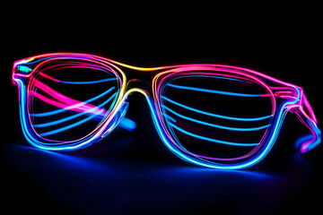 Neon rainbow sunglasses isotated on black background.