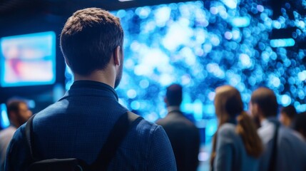 Leinwandbilder - A man and a group of individuals attentively watch a vibrant digital display showcasing data in an advanced conference environment.