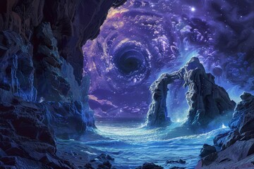 Wall Mural - Mystical Seascape with Cosmic Portal and Bioluminescent Waters
