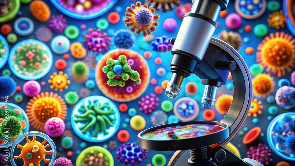 Colorful microorganisms magnified under microscope in parasitology ...