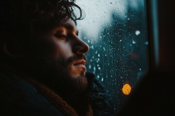 Wall Mural - Bearded man with eyes closed, leaning against a rain-streaked window, pensive mood