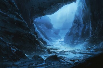 Wall Mural - Bioluminescent cavern with an ethereal glow illuminates the underwater abyss.