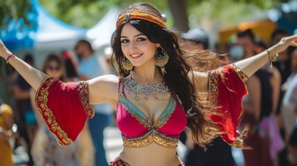 Wall Mural - A woman dressed in vibrant traditional attire dances joyfully at a cultural festival, celebrating with lively expressions and flowing movements.