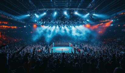 A large crowd of people cheering in front of a boxing ring in an arena like venue with colorful and bright lights, filled with cheers and excitement, fighting event, professional shot photography