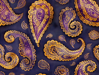 Wall Mural - A blue and gold paisley pattern with gold accents. The paisley pattern is very intricate and detailed