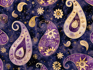 Wall Mural - A purple and gold paisley patterned fabric with flowers and stars. The paisley pattern is very intricate and detailed