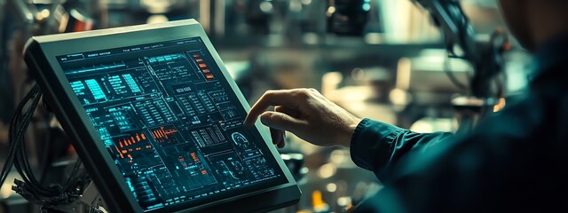 Leinwandbilder - Close-Up of a Factory Worker Operating a Robotic Arm via a Touchscreen Interface