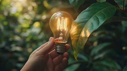 Wall Mural - Hand holding a light bulb against a green leaf background, a sustainable energy concept