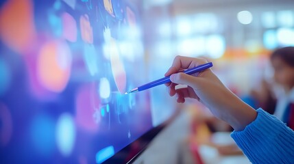 Fototapete - Close-Up of a Teacher Using a Smart Board with a Digital Pen in a Classroom
