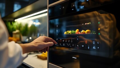 Fototapete - Close-Up of a Chef Using a Smart Oven's Touchscreen Interface to Set Cooking Parameters