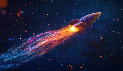 Wall Mural - a rocket made of digital code with data visualization lines is flying through a vast space network, 