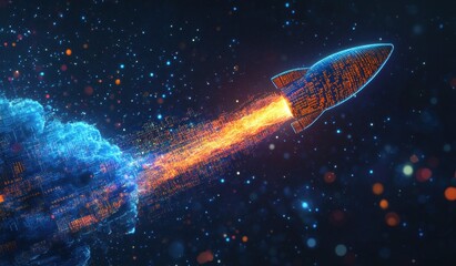 Wall Mural - a rocket made of digital code with data visualization lines is flying through a vast space network, 