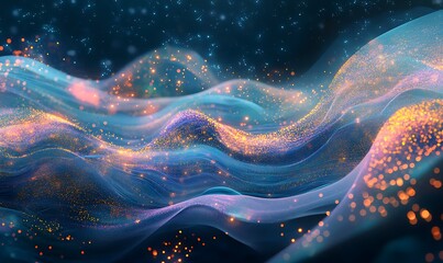 Aufkleber - Futuristic Abstract Landscape of Flowing Light Waves and Digital Particles, Representing AI Processes in Ethereal Void