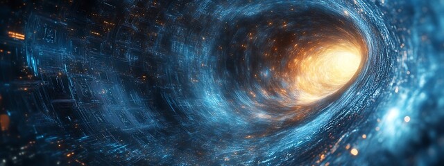 Poster - Swirling Digital Maelstrom of Code and Light, Representing AI Algorithms Complexity in Cosmic Futuristic Space