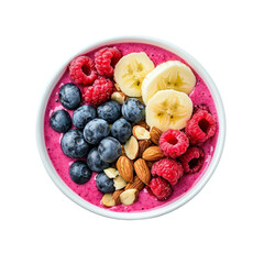 Canvas Print - Delicious smoothie bowl with raspberries, blueberries, banana, almonds and dragon fruit.