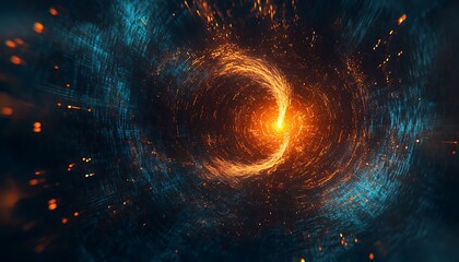 Poster - Digital Storm of Light Particles and Code Fragments, Converging to Form Central Glowing Core, AI's Power
