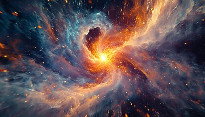 Poster - Digital Storm of Light Particles and Code Fragments, Converging to Form Central Glowing Core, AI's Power