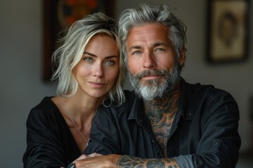 a couple in casual attire where both have notable tattoos, giving the image a contemporary and styli