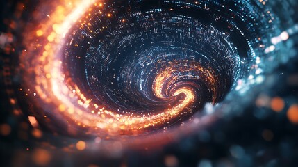 Poster - Swirling Digital Vortex of Code and Light, Representing AI Algorithms Complexity in Cosmic Futuristic Space
