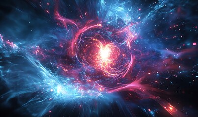 Poster - Digital Storm of Light Particles and Code Fragments, Converging to Form Glowing Central Core, AI's Energy