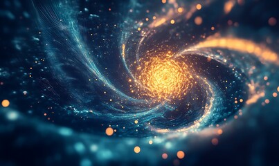 Poster - Digital Storm of Light Particles and Code Fragments, Converging to Form Glowing Central Core, AI's Energy