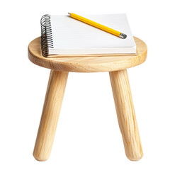 A wooden stool with a notepad and pencil   on transparent background