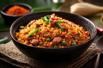 Wall Mural - Nasi goreng is a Southeast Asian fried rice dish, usually cooked with pieces of meat and vegetables. Nasi goreng has long been considered an important - generative ai