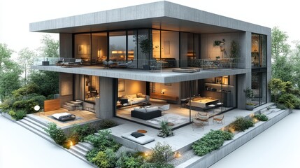 Poster - Modern Concrete House with Balcony and Garden.