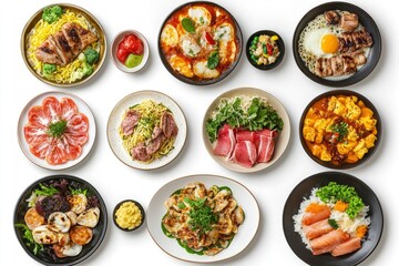 Wall Mural - set of various plates of food isolated on a white background, top view - generative ai