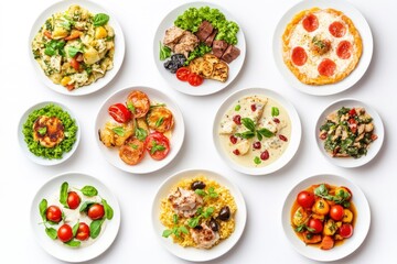 Wall Mural - set of various plates of food isolated on a white background, top view - generative ai