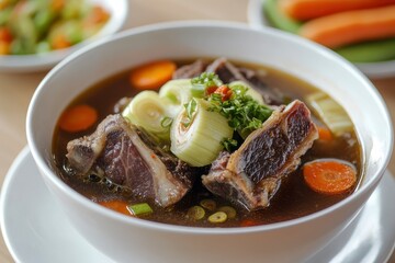 Wall Mural - Sop Iga (Beef ribs soup) made from ribs, carrots, leeks. Served in white bowl. Indonesian food - generative ai