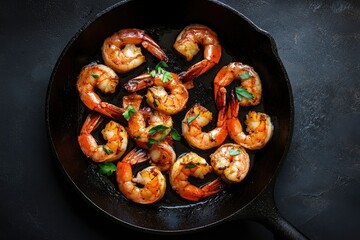 Poster - spicy roasted shrimps in cast iron pan , black background, top view, copy space - generative ai