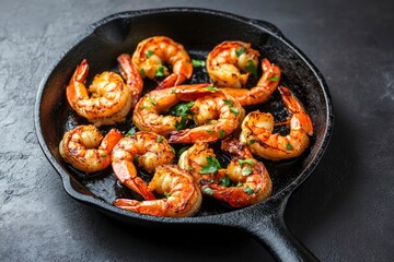 Wall Mural - spicy roasted shrimps in cast iron pan , black background, top view, copy space - generative ai